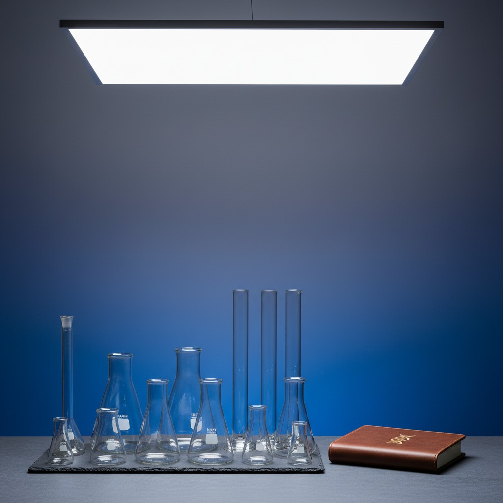 Large light fixture and assortment of tall chemical glass apparatuses on a gray surface against a blue wall.