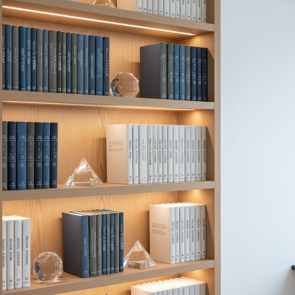 A bookshelf displaying books both in order and any out of order with various styling accessories and wooden lower shelf li...